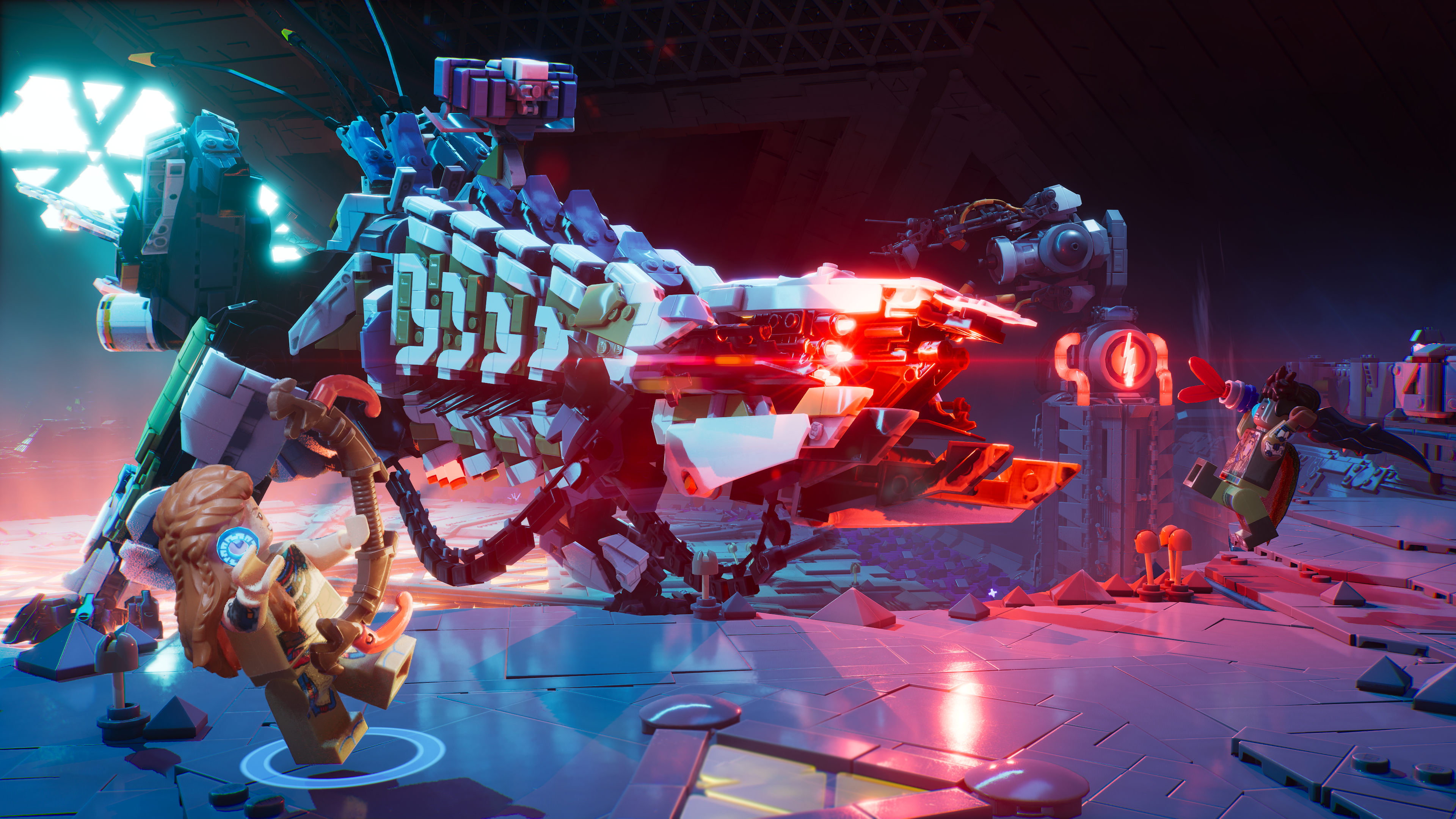 Een screenshot van LEGO Horizon Adventures met daarop (vlnr) Aloy, een Thunderjaw-machine en Varl.